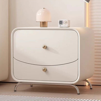 Modern Minimalist Cream Rectangle Square Wood Veneer Hardware Nightstand 2-Drawer For Bedroom