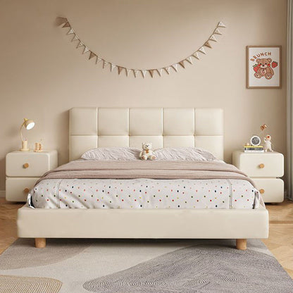 Modern Minimalist Cream Rectangle Square Organic Leather Wood Nightstand 2-Drawer For Bedroom