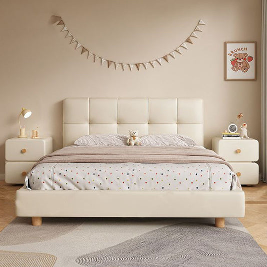 Modern Minimalist Cream Rectangle Square Organic Leather Wood Nightstand 2-Drawer For Bedroom