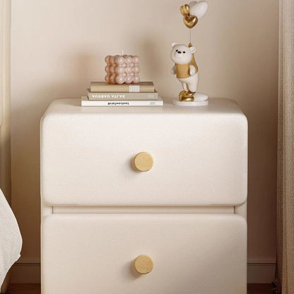 Modern Minimalist Cream Rectangle Square Organic Leather Wood Nightstand 2-Drawer For Bedroom