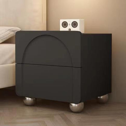 Modern Minimalist Square Wood Microfiber Leather Stainless Steel Nightstand 2-Drawer For Bedroom