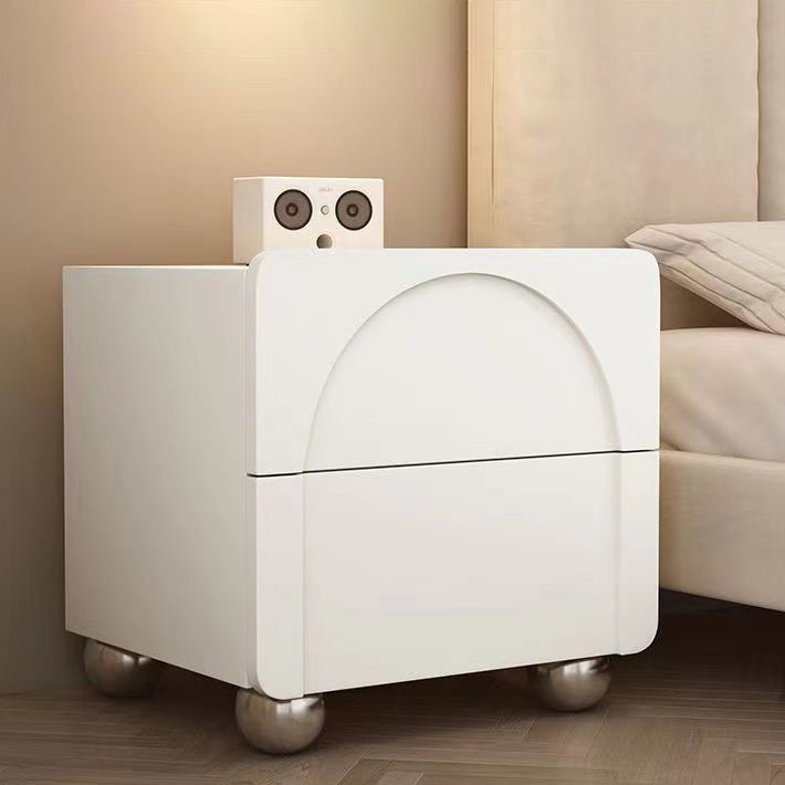 Modern Minimalist Square Wood Microfiber Leather Stainless Steel Nightstand 2-Drawer For Bedroom