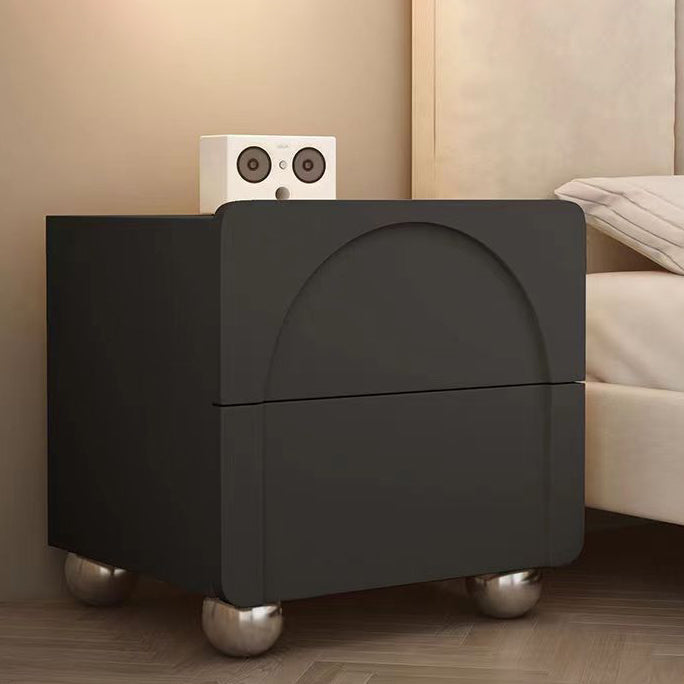 Modern Minimalist Square Wood Microfiber Leather Stainless Steel Nightstand 2-Drawer For Bedroom