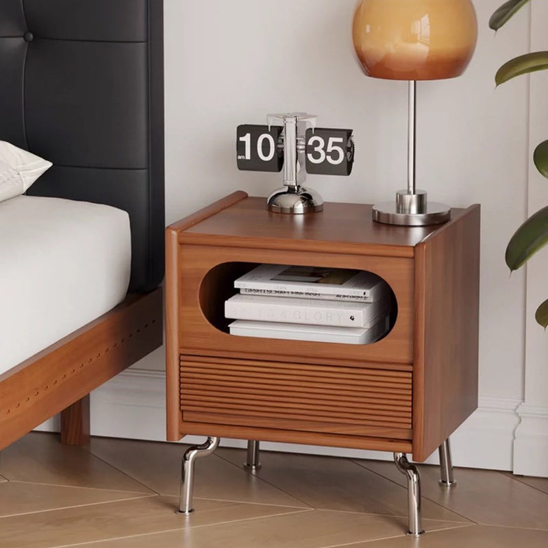 Traditional Vintage Square Pine Stainless Steel Nightstand 1-Drawer For Bedroom