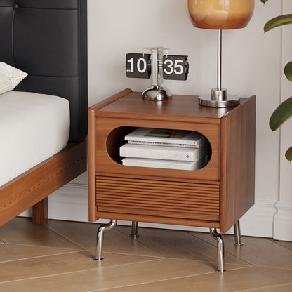 Traditional Vintage Square Pine Stainless Steel Nightstand 1-Drawer For Bedroom