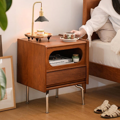 Traditional Vintage Square Pine Stainless Steel Nightstand 1-Drawer For Bedroom