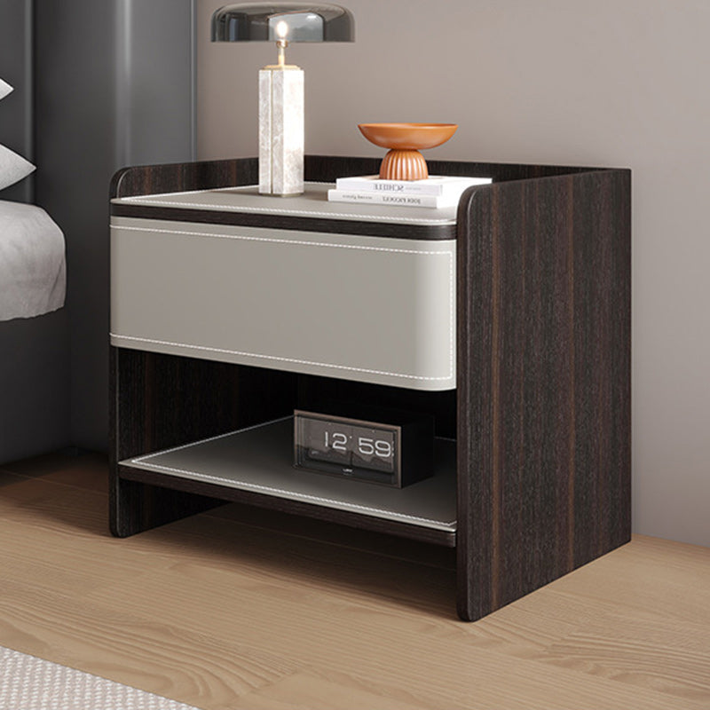 Contemporary Scandinavian Square Wood Artificial Leather Nightstand 1-Drawer For Bedroom