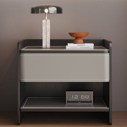 Contemporary Scandinavian Square Wood Artificial Leather Nightstand 1-Drawer For Bedroom