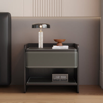 Contemporary Scandinavian Square Wood Artificial Leather Nightstand 1-Drawer For Bedroom
