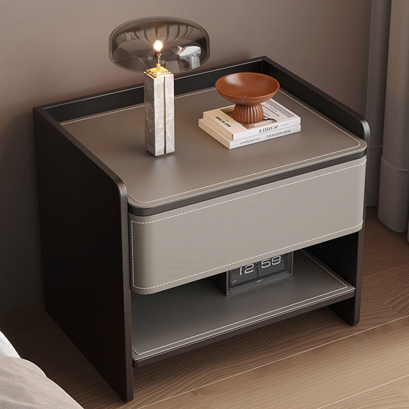 Contemporary Scandinavian Square Wood Artificial Leather Nightstand 1-Drawer For Bedroom