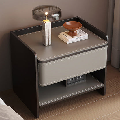 Contemporary Scandinavian Square Wood Artificial Leather Nightstand 1-Drawer For Bedroom