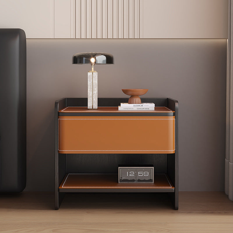 Contemporary Scandinavian Square Wood Artificial Leather Nightstand 1-Drawer For Bedroom