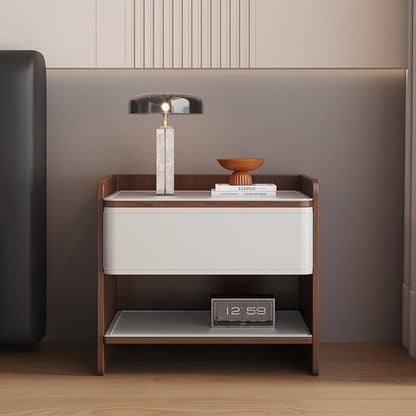 Contemporary Scandinavian Square Wood Artificial Leather Nightstand 1-Drawer For Bedroom