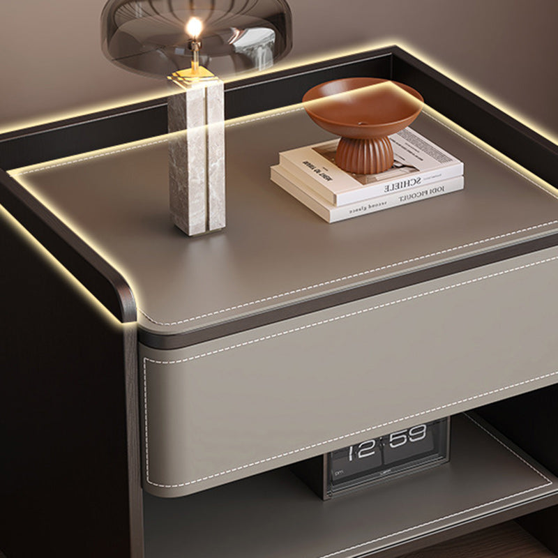 Contemporary Scandinavian Square Wood Artificial Leather Nightstand 1-Drawer For Bedroom