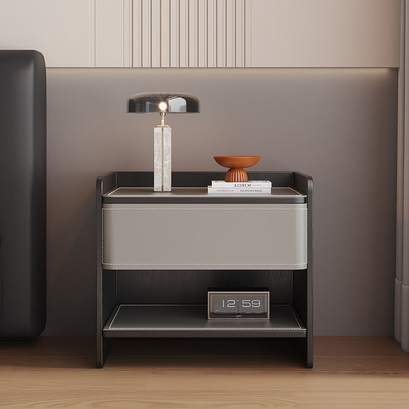 Contemporary Scandinavian Square Wood Artificial Leather Nightstand 1-Drawer For Bedroom