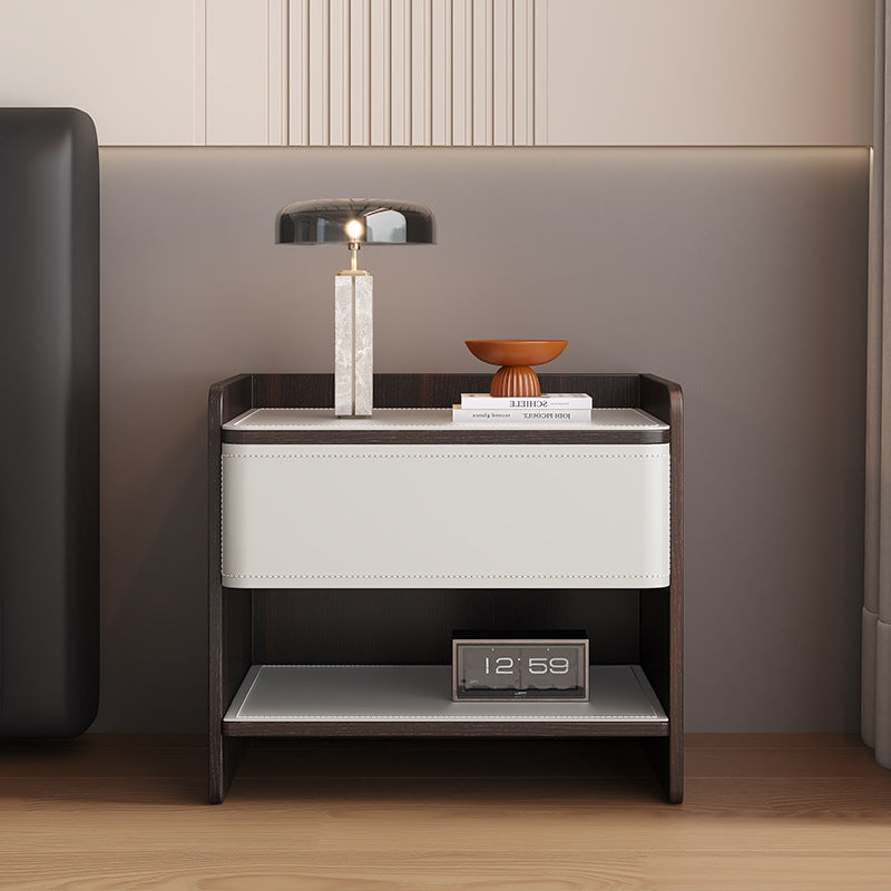 Contemporary Scandinavian Square Wood Artificial Leather Nightstand 1-Drawer For Bedroom