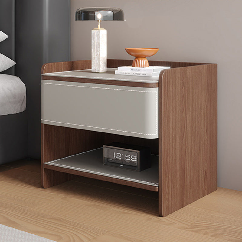 Contemporary Scandinavian Square Wood Artificial Leather Nightstand 1-Drawer For Bedroom