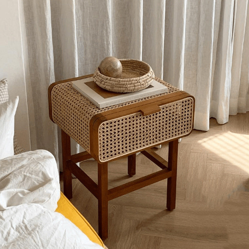 Traditional Vintage Rectangular Ash Wood Rattan Nightstand 1-Drawer For Bedroom