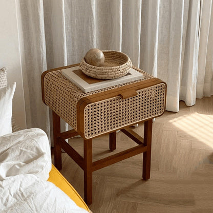 Traditional Vintage Rectangular Ash Wood Rattan Nightstand 1-Drawer For Bedroom