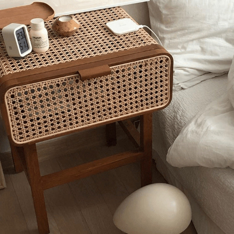 Traditional Vintage Rectangular Ash Wood Rattan Nightstand 1-Drawer For Bedroom