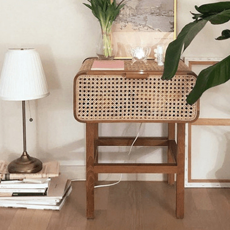 Traditional Vintage Rectangular Ash Wood Rattan Nightstand 1-Drawer For Bedroom