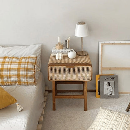 Traditional Vintage Rectangular Ash Wood Rattan Nightstand 1-Drawer For Bedroom