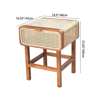 Traditional Vintage Rectangular Ash Wood Rattan Nightstand 1-Drawer For Bedroom