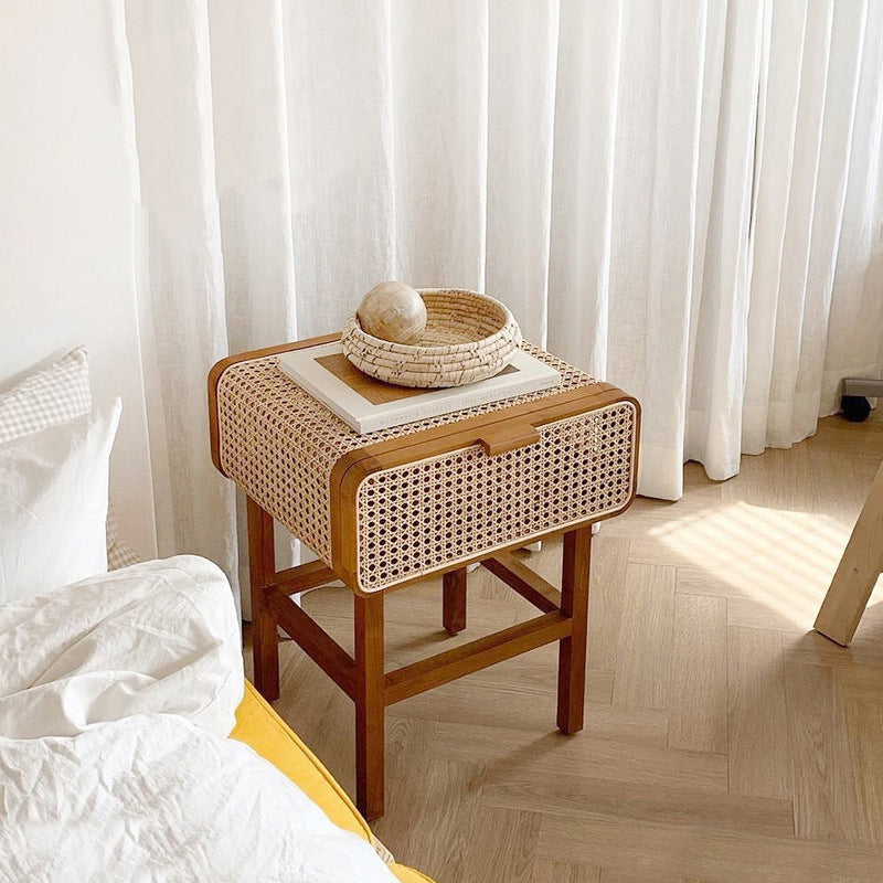 Traditional Vintage Rectangular Ash Wood Rattan Nightstand 1-Drawer For Bedroom