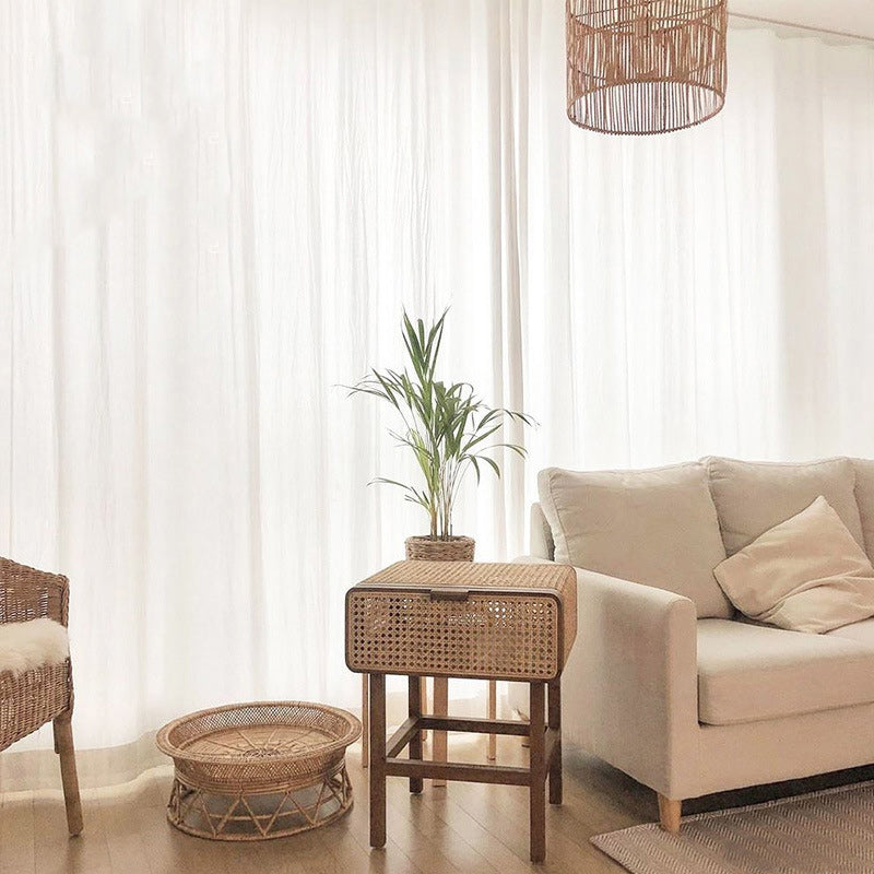 Traditional Vintage Rectangular Ash Wood Rattan Nightstand 1-Drawer For Bedroom