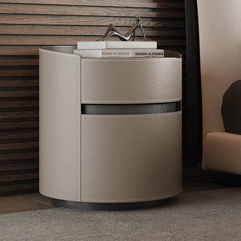 Modern Minimalist Round Cylinder Wood Saddle Leather Nightstand 2-Drawer For Bedroom