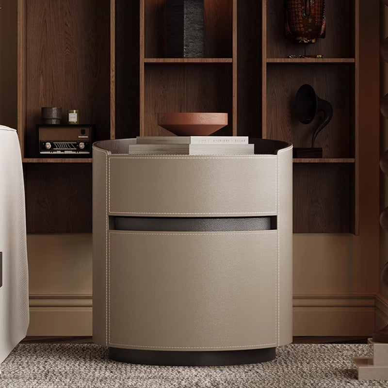 Modern Minimalist Round Cylinder Wood Saddle Leather Nightstand 2-Drawer For Bedroom