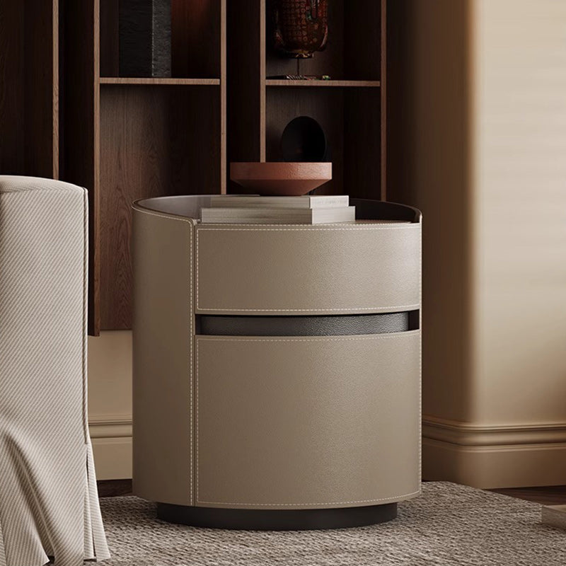 Modern Minimalist Round Cylinder Wood Saddle Leather Nightstand 2-Drawer For Bedroom