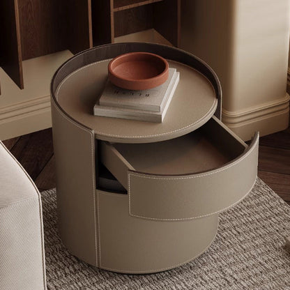 Modern Minimalist Round Cylinder Wood Saddle Leather Nightstand 2-Drawer For Bedroom