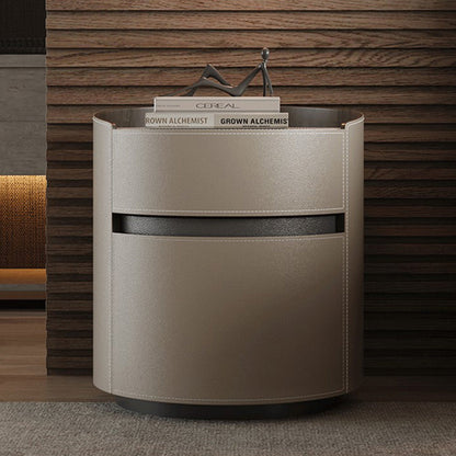 Modern Minimalist Round Cylinder Wood Saddle Leather Nightstand 2-Drawer For Bedroom