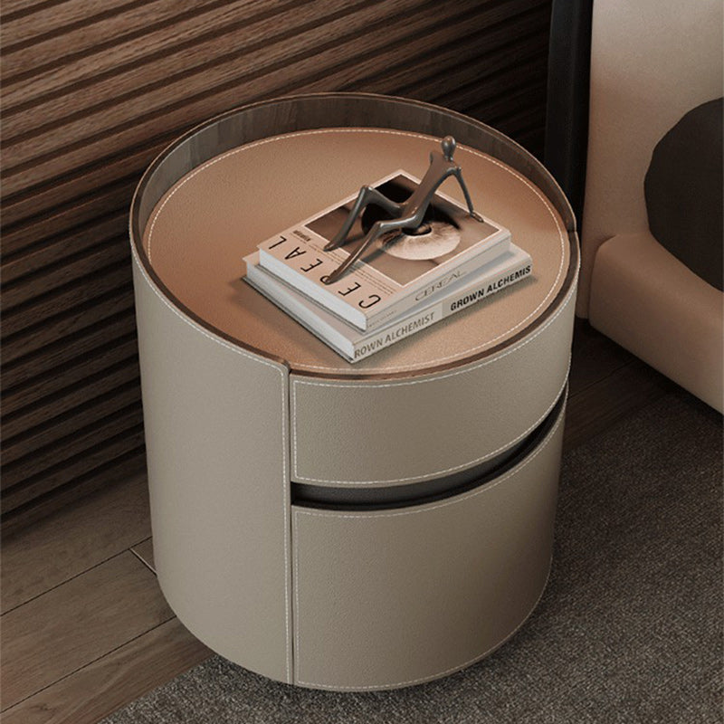 Modern Minimalist Round Cylinder Wood Saddle Leather Nightstand 2-Drawer For Bedroom