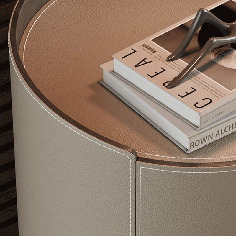 Modern Minimalist Round Cylinder Wood Saddle Leather Nightstand 2-Drawer For Bedroom