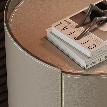 Modern Minimalist Round Cylinder Wood Saddle Leather Nightstand 2-Drawer For Bedroom