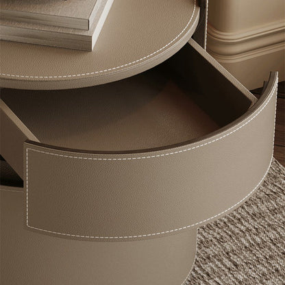 Modern Minimalist Round Cylinder Wood Saddle Leather Nightstand 2-Drawer For Bedroom