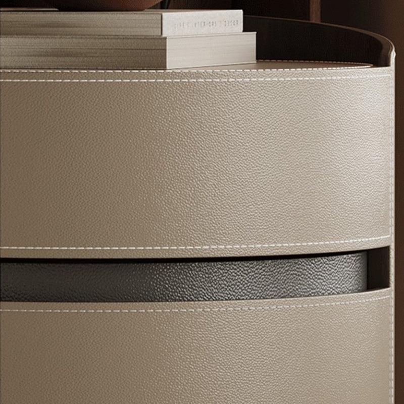 Modern Minimalist Round Cylinder Wood Saddle Leather Nightstand 2-Drawer For Bedroom