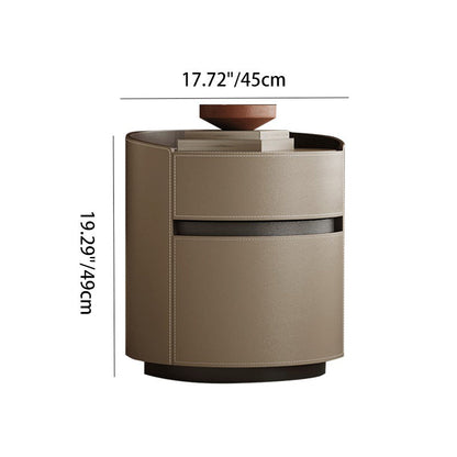 Modern Minimalist Round Cylinder Wood Saddle Leather Nightstand 2-Drawer For Bedroom