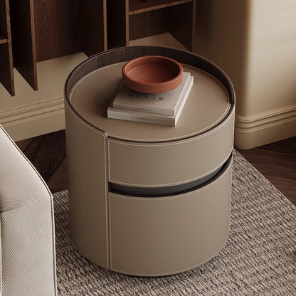 Modern Minimalist Round Cylinder Wood Saddle Leather Nightstand 2-Drawer For Bedroom