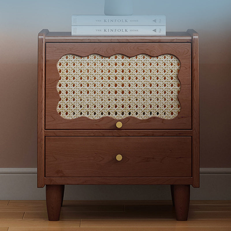 Traditional Vintage Square Rubberwood Rattan Nightstand 1-Drawer For Bedroom