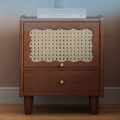 Traditional Vintage Square Rubberwood Rattan Nightstand 1-Drawer For Bedroom