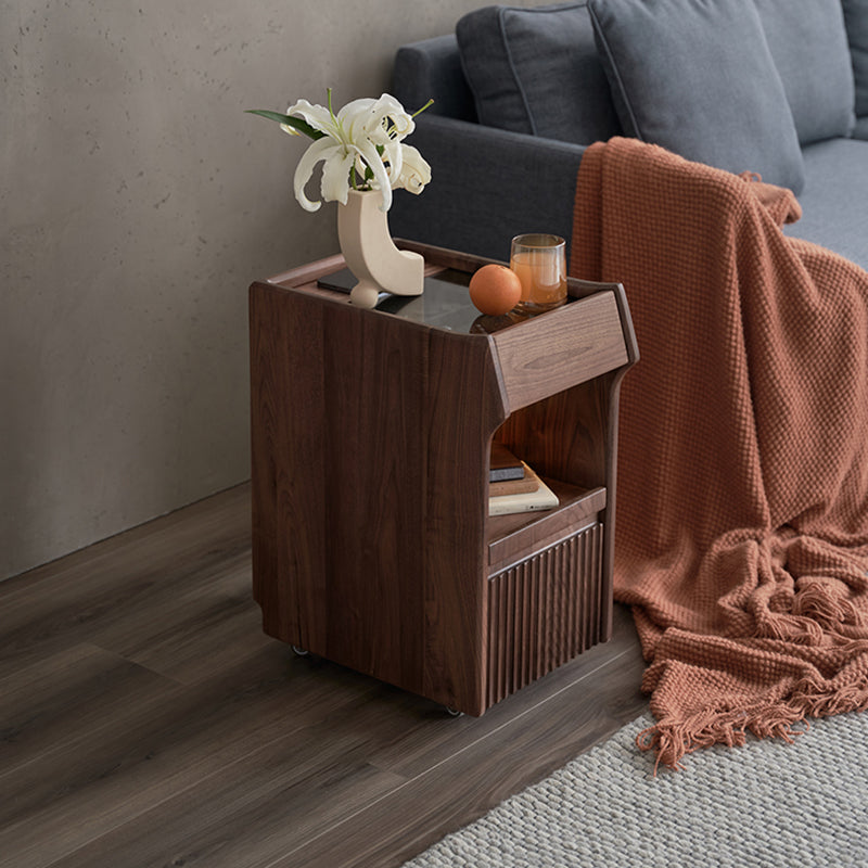 Traditional Vintage Square Tabletop Black Walnut Glass Nightstand 1-Drawer For Bedroom
