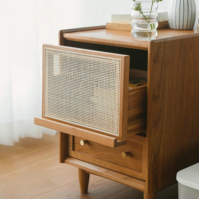 Traditional Vintage Rectangular Solid Wood Rattan Nightstand 2-Drawer For Bedroom