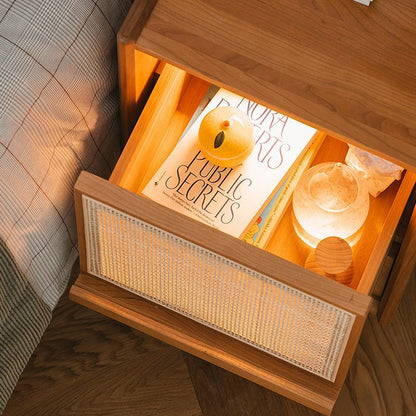 Traditional Vintage Rectangular Solid Wood Rattan Nightstand 2-Drawer For Bedroom