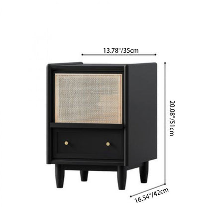 Traditional Vintage Rectangular Solid Wood Rattan Nightstand 2-Drawer For Bedroom