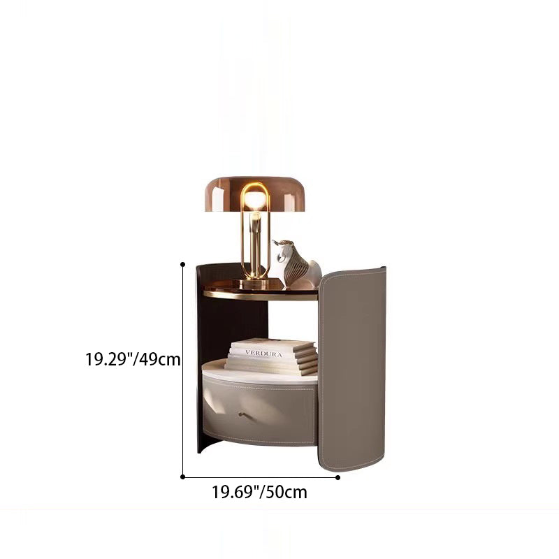 Modern Luxury Round Faux Saddle Leather Glass Solid Wood Nightstand 1-Drawer For Bedroom