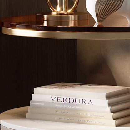 Modern Luxury Round Faux Saddle Leather Glass Solid Wood Nightstand 1-Drawer For Bedroom