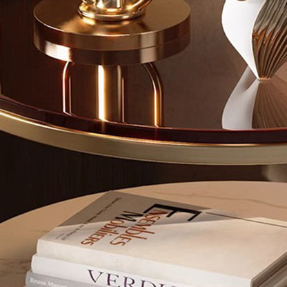 Modern Luxury Round Faux Saddle Leather Glass Solid Wood Nightstand 1-Drawer For Bedroom